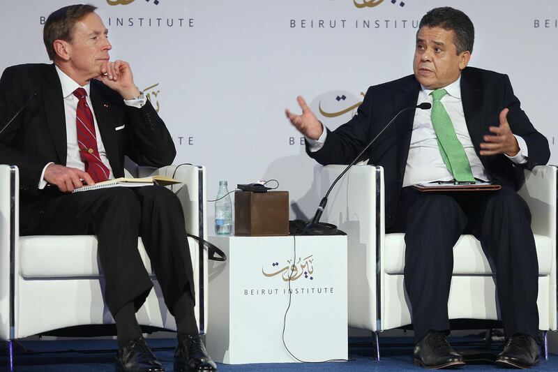 ABU DHABI, UNITED ARAB EMIRATES - - -  October 11, 2015 --- Retired General David Petraeus (left) and Mohamed Dayri were the speakers on the panel discussion, "Where Do We Go From Here? The Future for a Roiling Region" during the last day of the Beirut Institute Summit which was held at the St. Regis Abu Dhabi on Sunday, October 11, 2015.    ( DELORES JOHNSON / The National )  **** Reporter is Caline *** *** Local Caption ***  DJ-111015-NA-Beriut Summit-012.jpg