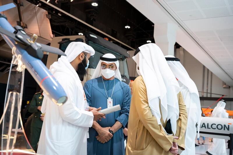 ABU DHABI, UNITED ARAB EMIRATES - February 22, 2021: HH Sheikh Mohamed bin Zayed Al Nahyan, Crown Prince of Abu Dhabi and Deputy Supreme Commander of the UAE Armed Forces (2nd L) tours the International Defence Exhibition and Conference (IDEX), at ADNEC. 

( Rashed Al Mansoori / Ministry of Presidential Affairs )
---