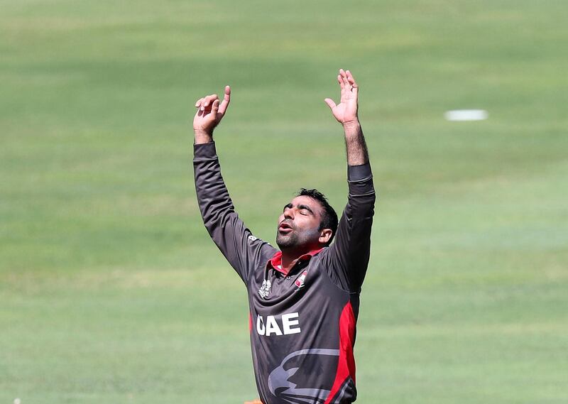 Dubai, United Arab Emirates - October 14, 2019: The UAE's Sultan Ahmed during the ICC Mens T20 World cup qualifier warm up game between the UAE and Scotland. Monday the 14th of October 2019. International Cricket Stadium, Dubai. Chris Whiteoak / The National
