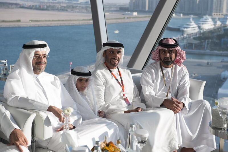 Sheikh Ammar bin Humaid Al Nuaimi, Crown Prince of Ajman, right, Sheikh Nahyan bin Zayed, Chairman of the Board of Trustees of Zayed bin Sultan Al Nahyan Charitable and Humanitarian Foundation, second right, and Sheikh Sultan bin Mohammed Al Qasimi, Crown Prince of Sharjah, left, attend a reception ahead of the Abu Dhabi Grand Prix. 

Mohamed Al Suwaidi / Crown Prince Court — Abu Dhabi