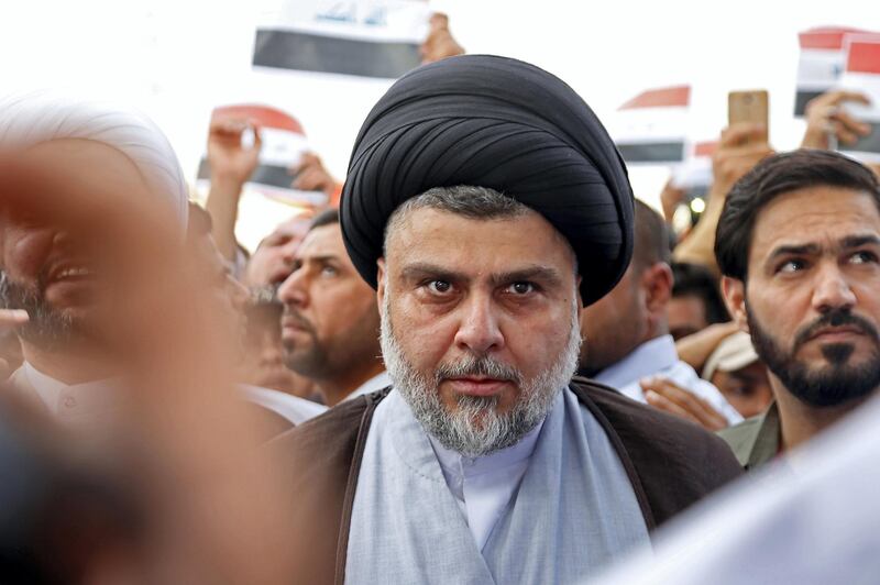 Shiite cleric Moqtada al-Sadr attends the demonstration against the western bombings of Syria, which he called for, on april 15, 2018, in Najaf.
US, French and British missiles destroyed sites suspected of hosting chemical arms development and storage facilities but the buildings were mostly empty and the Western trio swiftly reverted to its diplomatic efforts. / AFP PHOTO / Haidar HAMDANI