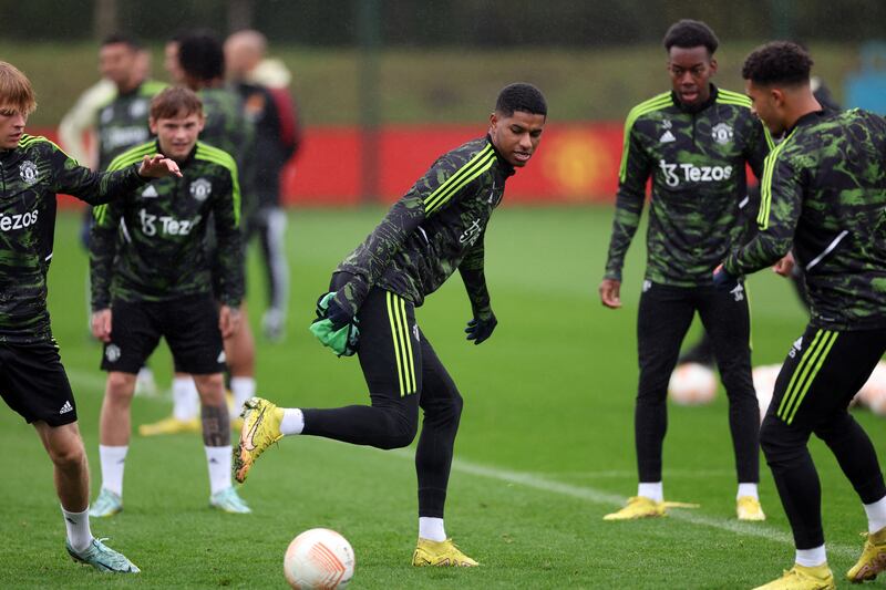 Marcus Rashford trains with teammates in Manchester. Reuters