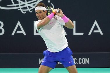 Abu Dhabi, United Arab Emirates - Reporter: Jon Turner: Rafael Nadal plays a shot during the final between Rafael Nadal v Stefanos Tsitsipas at the Mubadala World Tennis Championship. Saturday, December 21st, 2019. Zayed Sports City, Abu Dhabi. Chris Whiteoak / The National