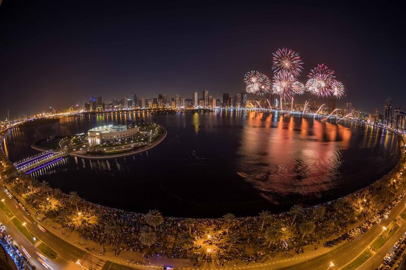 New Year fireworks at Al Majaz Waterfront in Sharjah welcoming 2018. Wam