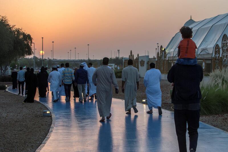 Abu Dhabi, UNITED ARAB EMIRATES -Faithfuls going for morning prayers on the first day of Eid-Al Fitr at the Sheikh Zayed Grand Mosque.  Leslie Pableo for The National