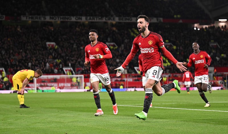 Bruno Fernandes gives Manchester United a 3-2 lead after scoring his second goal of the game. AFP