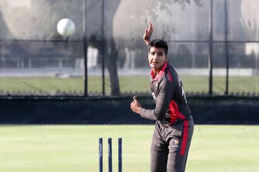 Jash Giyanani, player of the UAE's Under 19 cricket team during the training session at the ICC academy in Dubai. Pawan Singh / The National