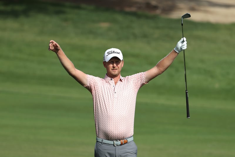Justin Harding of South Africa on the ninth hole during day three of the Slync.io Dubai Desert Classic at Emirates Golf Club on Saturday, January 29, 2022. Getty