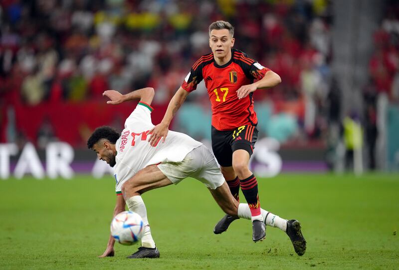 Belgium's Leandro Trossard tries to get past Morocco's Noussair Mazraoui. PA