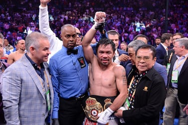 Manny Pacquiao celebrates after defeating Keith Thurman in their WBA welterweight championship bout at MGM Grand Garden Arena. Reuters