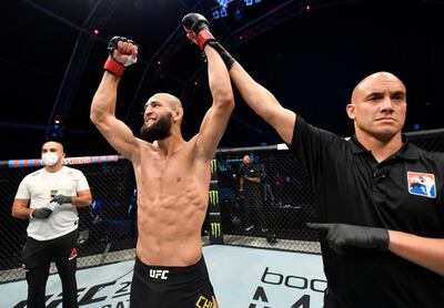 ABU DHABI, UNITED ARAB EMIRATES - JULY 26: Khamzat Chimaev of Czechia celebrates after his TKO victory over Rhys McKee of Northern Ireland in their welterweight fight during the UFC Fight Night event inside Flash Forum on UFC Fight Island on July 26, 2020 in Yas Island, Abu Dhabi, United Arab Emirates. (Photo by Jeff Bottari/Zuffa LLC via Getty Images)