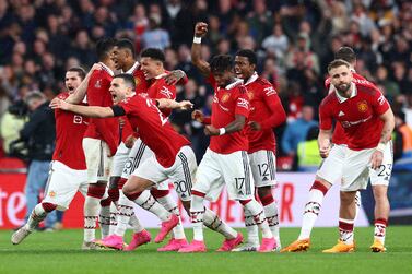 LONDON, ENGLAND - APRIL 23: Diogo Dalot of Manchester United celebrates after the team's victory in the penalty shoot out during the Emirates FA Cup Semi Final match between Brighton & Hove Albion and Manchester United at Wembley Stadium on April 23, 2023 in London, England. (Photo by Clive Rose / Getty Images)