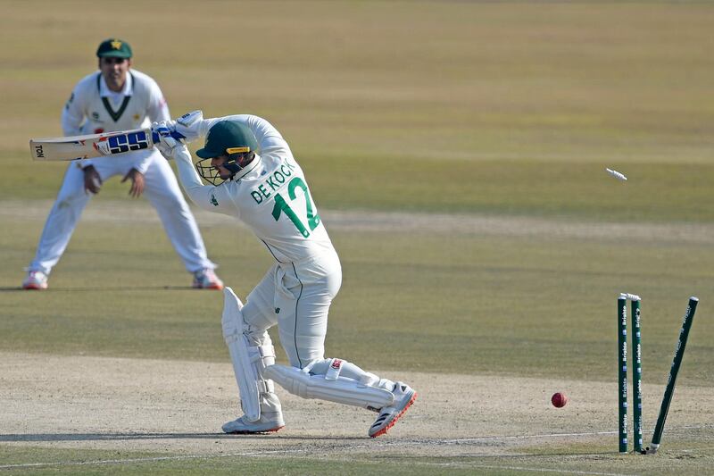 South Africa's Quinton de Kock is clean bowled for 29 by Pakistan's Shaheen Afridi. AFP