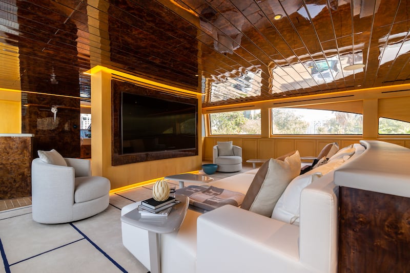 The yacht features a large widescreen TV