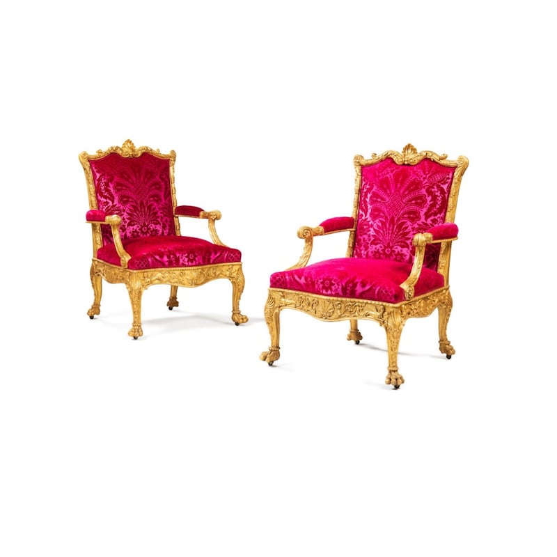 A pair of early George III giltwood armchairs, designed by Robert Adam and made by Thomas Chippendale, 1765. Estimate: €600,000-€1 million. 