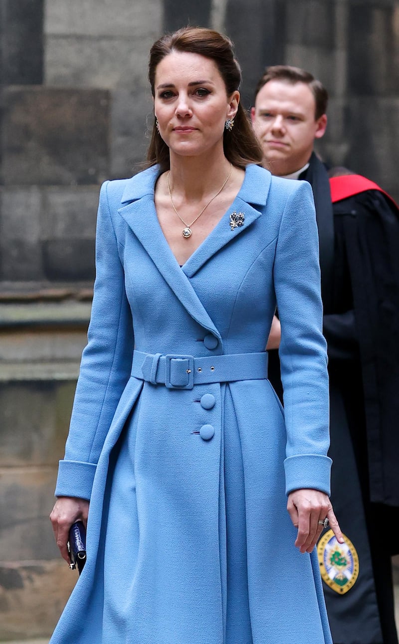 Wearing a powder blue waist-cinching coat at the Closing Ceremony of the General Assembly of the Church of Scotland at the General Assembly Buildings in Edinburgh. Chris Jackson - Getty Images.