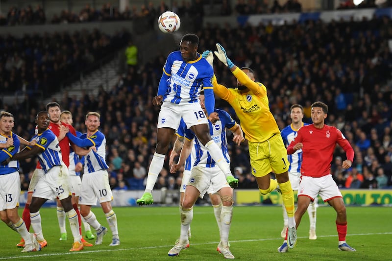Danny Welbeck of Brighton & Hove Albion heads the ball. Getty Images