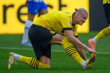 Dortmund's Erling Haaland (C) reacts during the German Bundesliga soccer match between  Borussia Dortmund and Hertha BSC in Dortmund, Germany, 14 May 2022.   EPA/Christopher Neundorf CONDITIONS - ATTENTION: The DFL regulations prohibit any use of photographs as image sequences and/or quasi-video. 