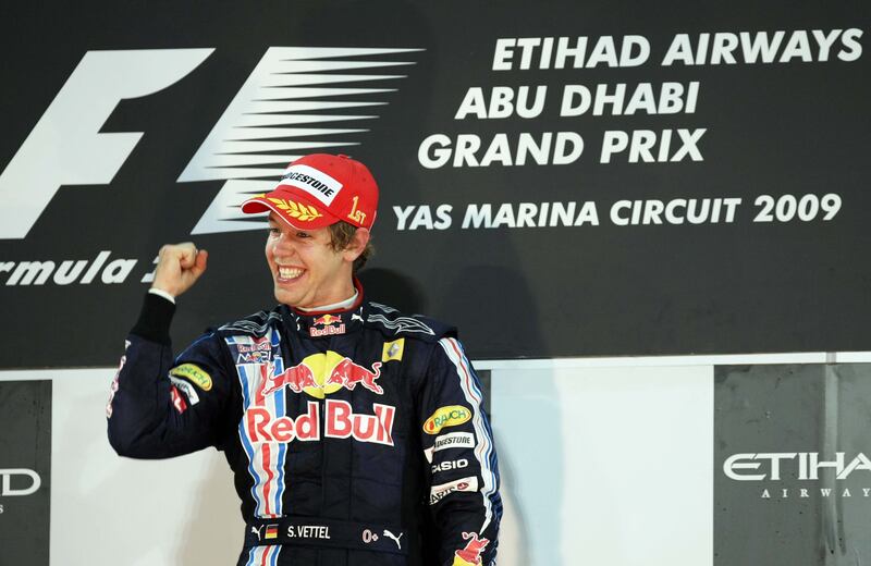 ABU DHABI. 1st November. 2009. ABU DHABI GRAND PRIX. SUNDAY.  Sebastian Vettel celebrates  winning the Abu Dhabi Grand Prix last night (sun)  Stephen Lock   /   The National   
Etihad Airways Grand Prix of Abu Dhabi at Yas Marina Circuit.  *** Local Caption ***  SL-gpsun-003.jpg