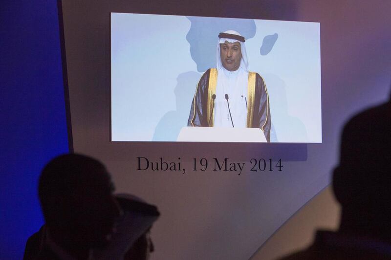 Mohammed Al Zarooni, the chairman of Dafza and the Dubai Silicon Oasis free zone, during his speech at the newly established World Free Zone Organisation launch event May 19, 2014. Antonie Robertson / The National