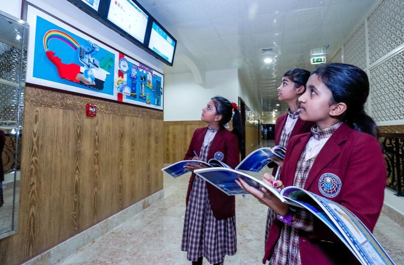 Abu Dhabi, U.A.E., October 11, 2018. ADEK has ranked four schools as outstanding this year. Merryland School is on the list for the first time. ---Students taking weather notes on the live weather data monitors of the school.
Victor Besa / The National
Section:  NA
Reporter:  Anam Rizvi