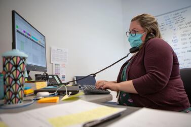 Heather Griggs, operations chief of the Umatilla County Public Health Department Covid-19 contact tracing centre in northeastern Oregon, US. Ben Lonergan / AP