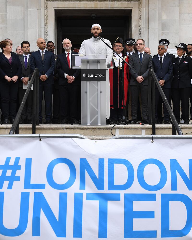 epa06820352 Imam Mohammed Mahmoud (C) speaks during a service to mark the first anniversary of the Finsbury Park terror attack, in London, Britain, 19 June 2018. One person was killed when a man drove his vehicle into a crowd at Finsbury Park on 19 June 2017.  EPA/ANDY RAIN