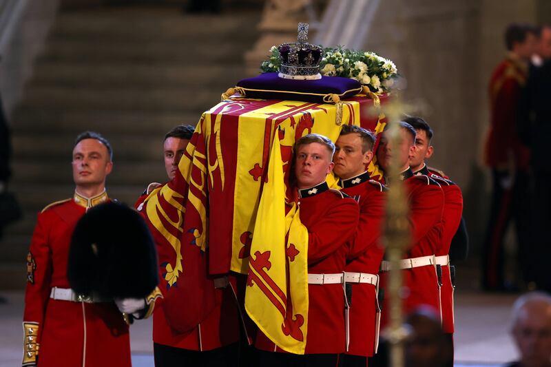 The imperial state crown sits on top of the coffin carrying Queen Elizabeth into Westminster Hall. Getty Images