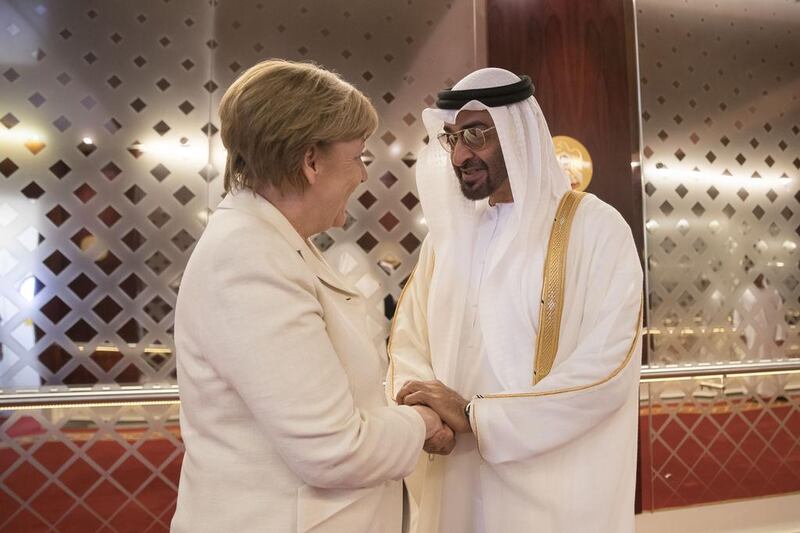 A business delegation accompanying the German chancellor was expected to meet with UAE energy and trade officials in a separate meeting. Mohamed Al Hammadi / Crown Prince Court — Abu Dhabi