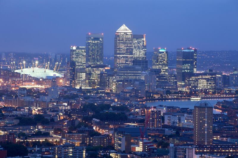 A view from the City of London eastward towards Canary Wharf, and beyond the O2 Arena. Around 90,000 people work in Canary Wharf and it is home to the world or European headquarters of numerous major banks, professional services firms and media organisations including Barclays, Citigroup, Clifford Chance, HSBC, State Street, KPMG and Reuters. Canary Wharf is located in the West India Docks on the Isle of Dogs in the Borough of Tower Hamlets in East London. (iStockphoto.com) *** Local Caption ***  wk05ju-tr-mkop-docklands.jpg