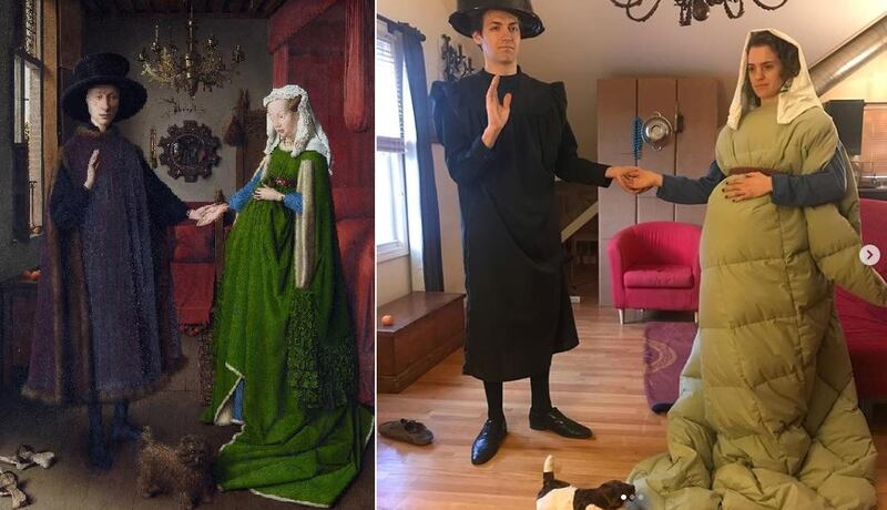 A group of four roommates from Connecticut run the Instagram account @covidclassics, where they recreate classic paintings using household items. Here, they recreate Jan van Eyck's 'Arnolfini Portrait'. Via @covidclassics / Instagram