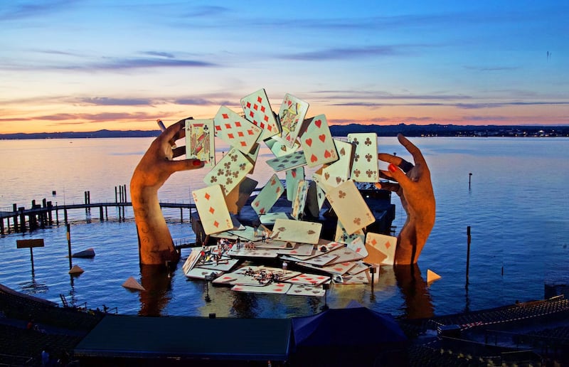 Devlin's  floating stage on Lake Constance, a design for Georges Bizet’s 'Carmen' at Bregenz festival in Austria. Actors performed on the deck of cards below and videos were projected on to the cards cascading mid-air
