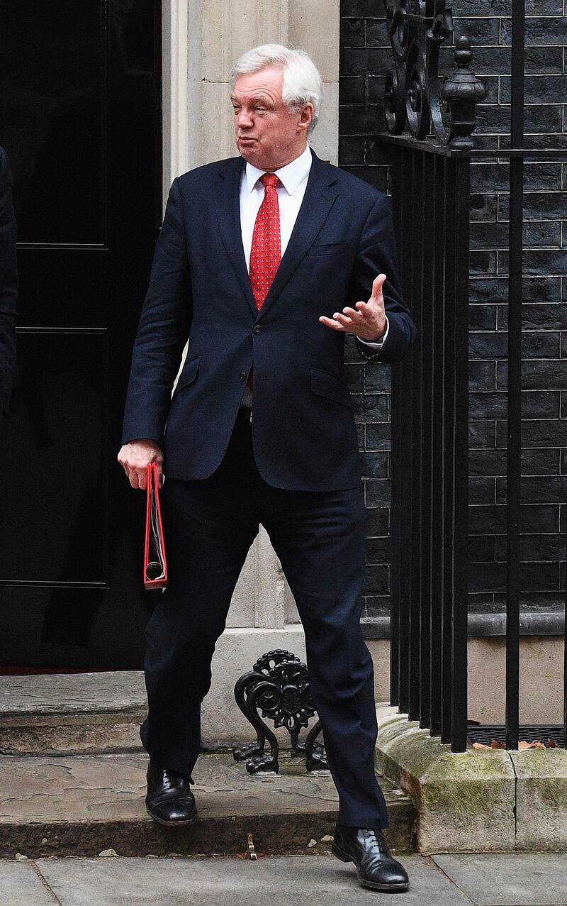 LONDON, ENGLAND - JANUARY 09: Brexit Secretary David Davis leaves Number 10 after goverment ministers attended the first Cabinet meeting of the year at 10 Downing Street on January 9, 2018 in London, England.  Theresa May's reshuffled cabinet meets for the first time today.  Justine Greening quit the government last night after being moved from Education, she is replaced by Damian Hinds.  Health Secretary Jeremy Hunt's role has been extended to include social care, Esther McVey becomes Work and Pensions Secretary and Karen Bradley replaces James Brokenshire as Northern Ireland Secretary.  (Photo by Leon Neal/Getty Images)