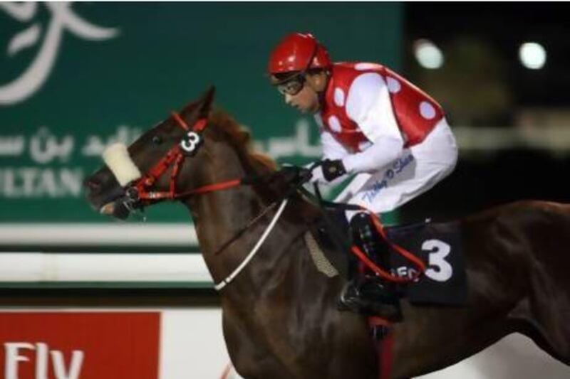 Jockey Tadhg O'Shea, on Time Out, won last night at the Abu Dhabi Equestrian Club. Sammy Dallal / The National