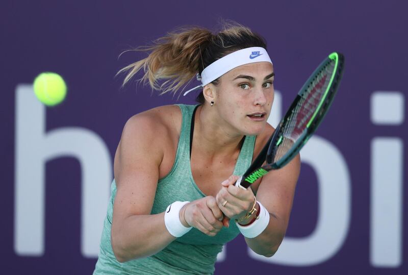 ABU DHABI, UNITED ARAB EMIRATES - JANUARY 11: Aryna Sabalenka of Belarus in action against Elena Rybakina of Kazakhstan during her Women's Singles match on Day Six of the Abu Dhabi WTA Women's Tennis Open at Zayed Sports City on January 11, 2021 in Abu Dhabi, United Arab Emirates. (Photo by Francois Nel/Getty Images)