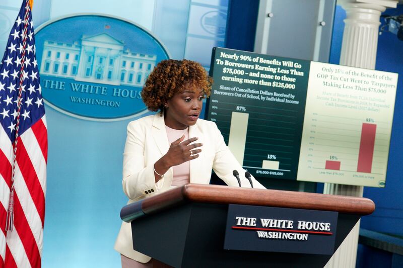 White House press secretary Karine Jean-Pierre gives details of the student loan debt forgiveness plan on Thursday. EPA