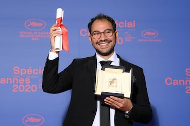 Egyptian filmmaker Sameh Alaa received the Palme D'Or Award at Cannes Film Festival at Palais des Festivals on October 29, 2020. Photo by Pascal Le Segretain / Getty Images