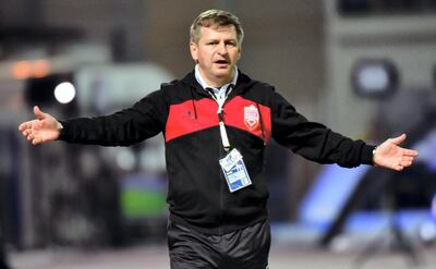 Bahrain's Czech coach Miroslav Soukup reacts during his team's 2017 Gulf Cup of Nations football match against Iraq at the Kuwait Stadium in Kuwait City on December 23, 2017. (Photo by GIUSEPPE CACACE / AFP)