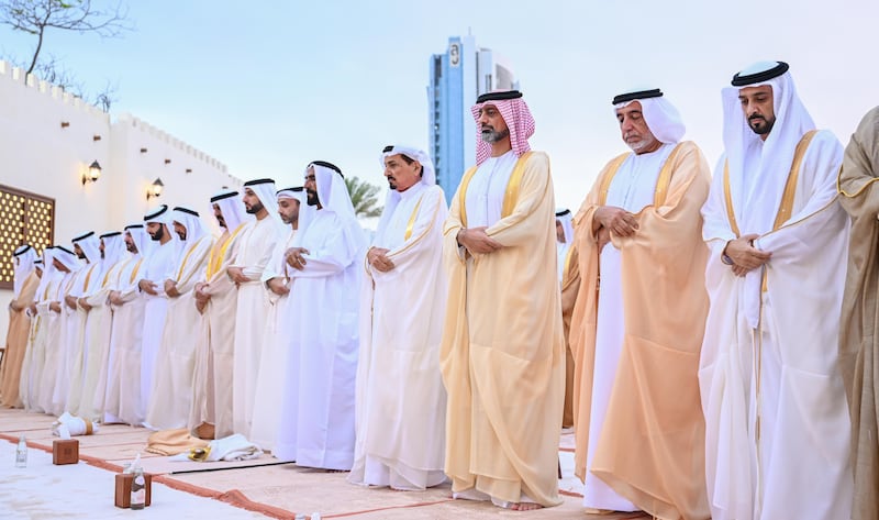 Sheikh Humaid bin Rashid Al Nuaimi, Ruler of Ajman, offers Eid prayers at Al Zaher Palace. Wam 