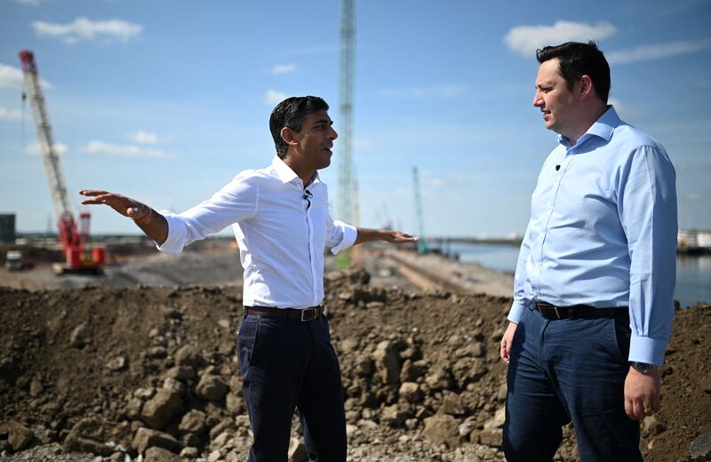 Rishi Sunak, left, visits the construction site of Teesside Freeport on a visit with local Conservative Party mayor Ben Houchen. AFP