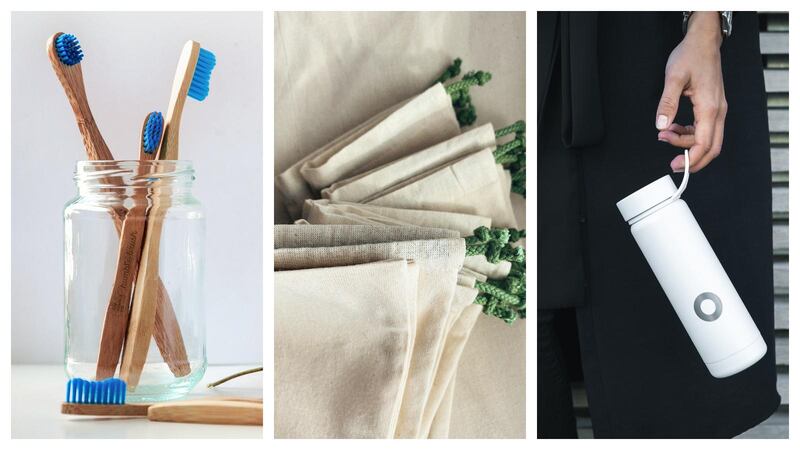 From left: bamboo toothbrushes, reusable produce bags and reusable water bottles are all essential products for eco-friendly lifestyles. Unsplash