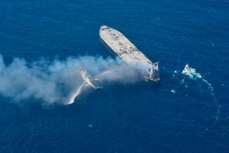 A ship battles the fire on MT New Diamon. Sri Lanka Air Force via AP