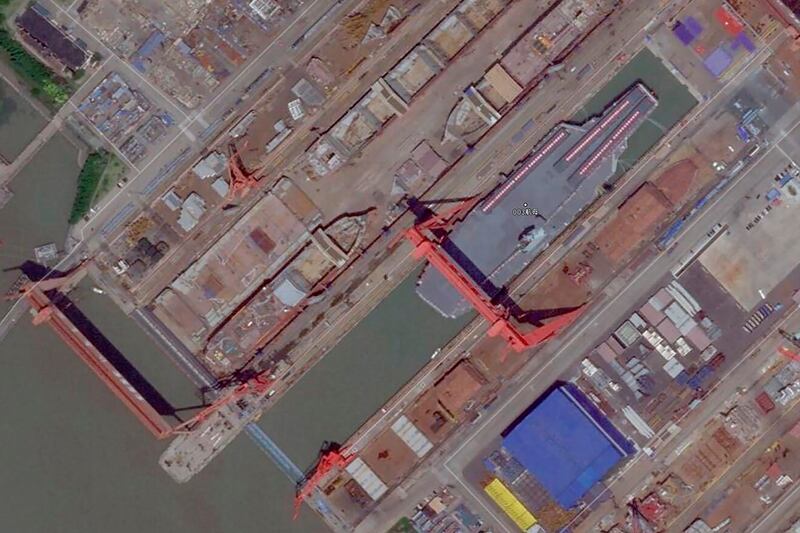 This satellite image from Planet Labs PBC shows China's new Type 003 aircraft carrier as it is prepared for launch. AP 