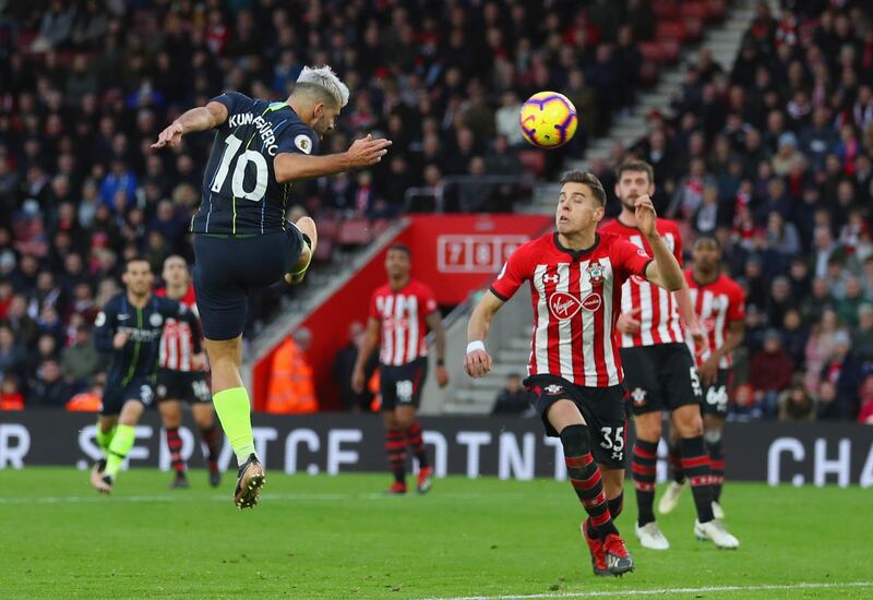 SOUTHAMPTON, ENGLAND - DECEMBER 30:  Sergio Aguero of Manchester City (10) scores his team's third goal during the Premier League match between Southampton FC and Manchester City at St Mary's Stadium on December 29, 2018 in Southampton, United Kingdom.  (Photo by Catherine Ivill/Getty Images)