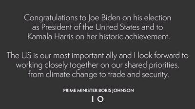 The tweet by UK Prime Minister Boris Johson to US President-elect Joe Biden.