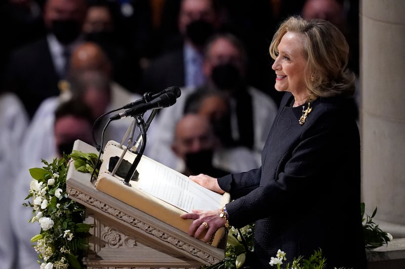 Former secretary of state Hillary Clinton speaks during the funeral service for Madeleine Albright. AP