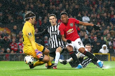 MANCHESTER, ENGLAND - NOVEMBER 07: Anthony Martial of Manchester United scores his team's second goal during the UEFA Europa League group L match between Manchester United and Partizan at Old Trafford on November 07, 2019 in Manchester, United Kingdom. (Photo by Alex Livesey/Getty Images)