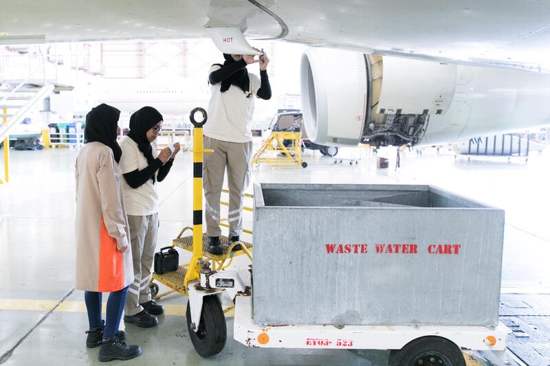 ABU DHABI, UNITED ARAB EMIRATES - OCT 24:

Engineering team asses dents in the drain mast forward of an Etihad aircraft at Etihad Airways Engineering facilities.

(Photo by Reem Mohammed/The National)

Reporter: MUSTAFA ALRAWI
Section: BZ