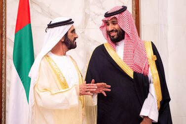 Sheikh Mohammed bin Rashid speaks to Saudi Arabia's Crown Prince Mohammed bin Salman speaks during the 40th GCC Summit in Riyadh. Reuters