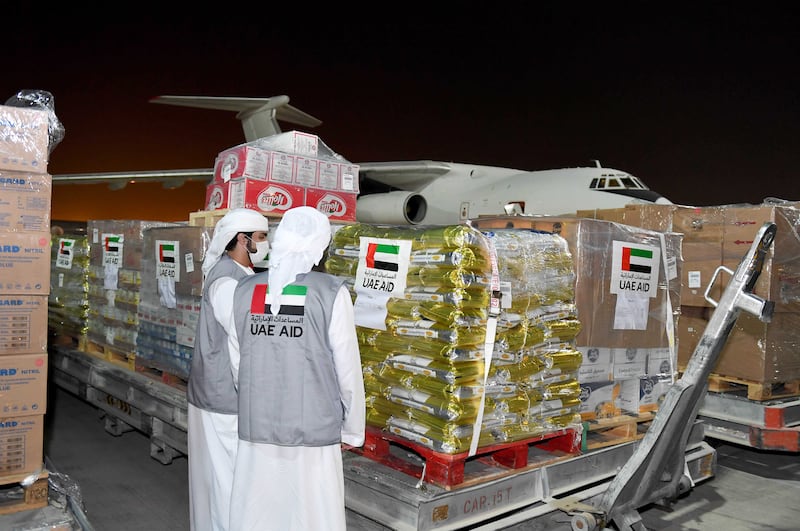 The UAE plane carried urgent medical and food aid to Afghanistan as part of its contribution to provide the basic and necessary needs of thousands of Afghan families. 